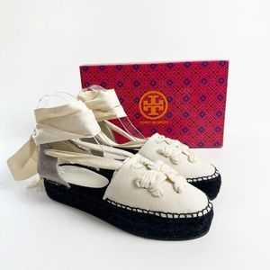 TORY BURCH Woven Double T Espadrilles Size 9 Ribbon Lace Up Natural Black NEW